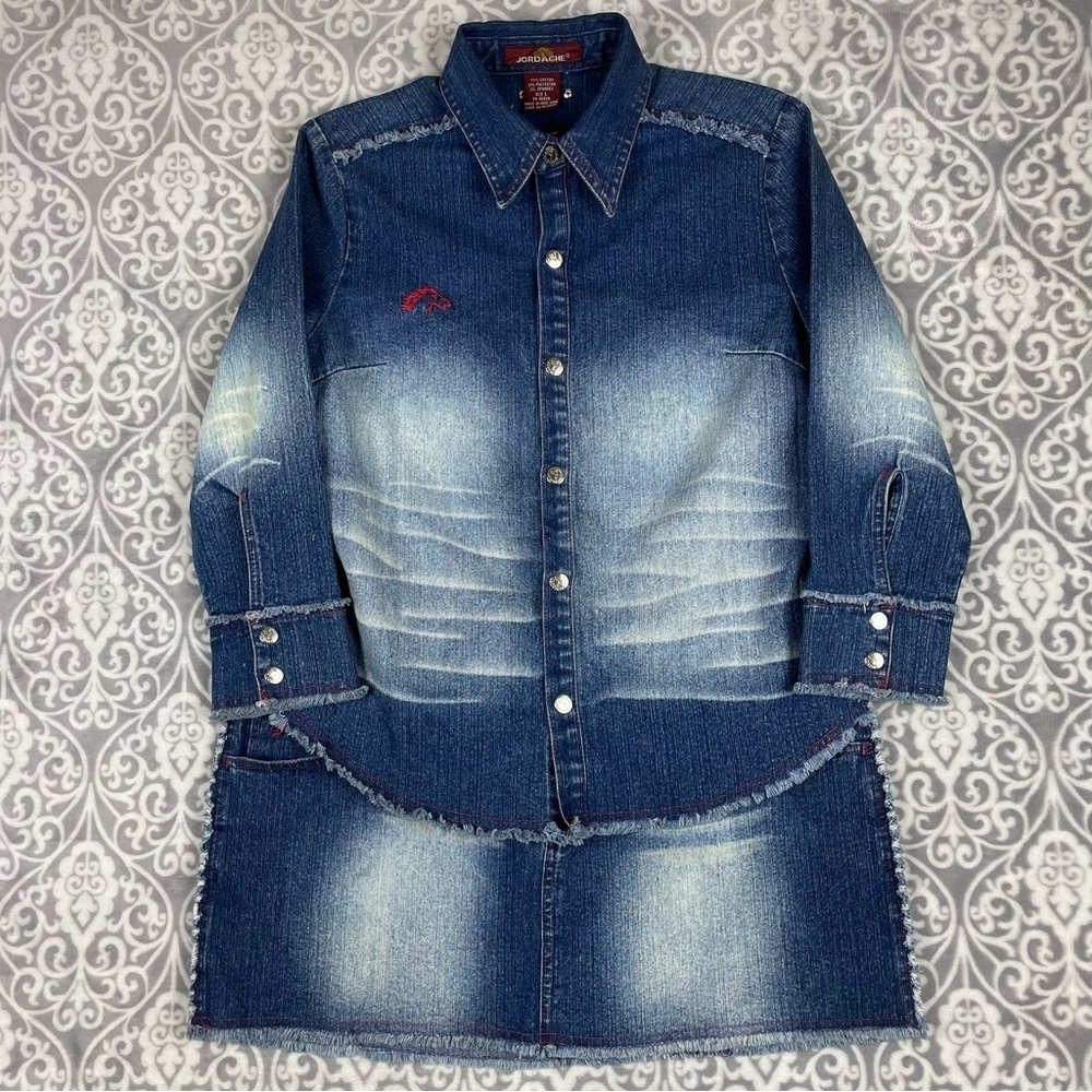 vintage jordache jean skirt set fringe seams dark wash distress women's sz13/14